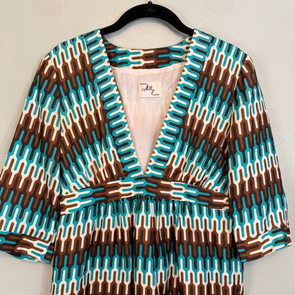 Vintage 80s Milly NY Mini Kimono Dress XS/S Blue Geometric Silk Pullover V-Neck - Picture 3 of 10